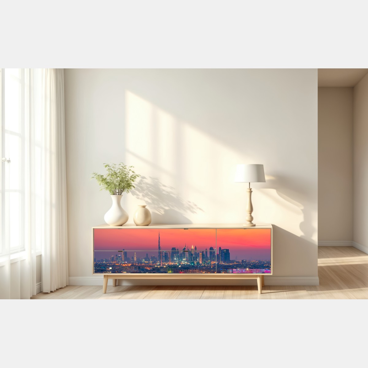 Naklejka repozycjonowalna panorama Dubaju o zachodzie słońca – Wallissimo® Naklejka repozycjonowalna panorama Dubaju o zachodzie słońca – Wallissimo®