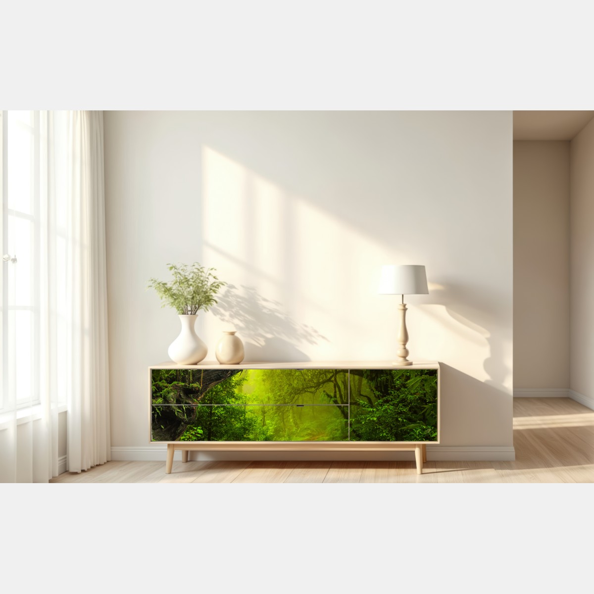 Naklejka repozycjonowalna mistyczna zielona ścieżka w lesie – Wallissimo® Naklejka repozycjonowalna mistyczna zielona ścieżka w lesie – Wallissimo®