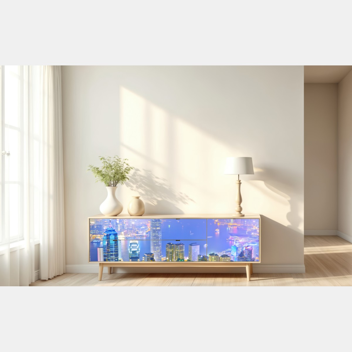 Naklejka repozycjonowalna panorama Hong Kongu nocą – Wallissimo® Naklejka repozycjonowalna panorama Hong Kongu nocą – Wallissimo®