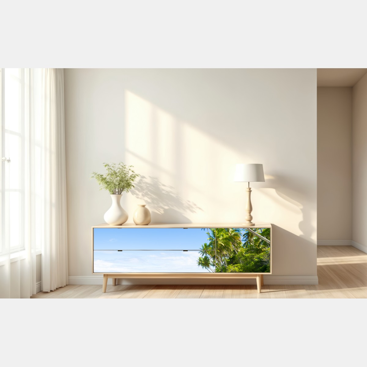 Naklejka repozycjonowalna tropikalna plaża z palmami – Wallissimo® Naklejka repozycjonowalna tropikalna plaża z palmami – Wallissimo®