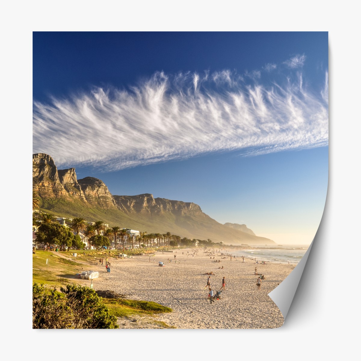 Repositionable sticker sunlit beach with mountain backdrop