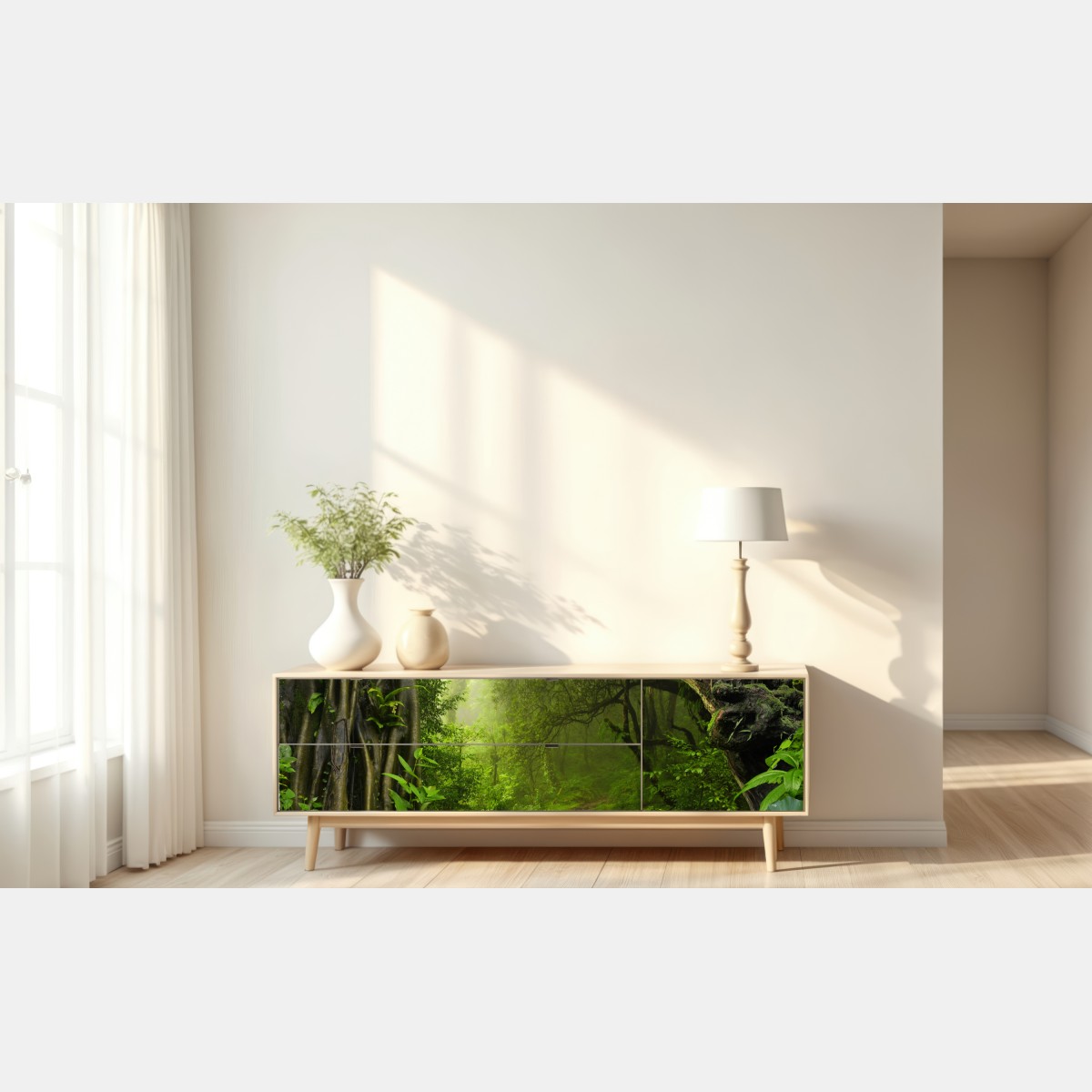 Naklejka repozycjonowalna bujna mglista leśna ścieżka – Wallissimo® Naklejka repozycjonowalna bujna mglista leśna ścieżka – Wallissimo®