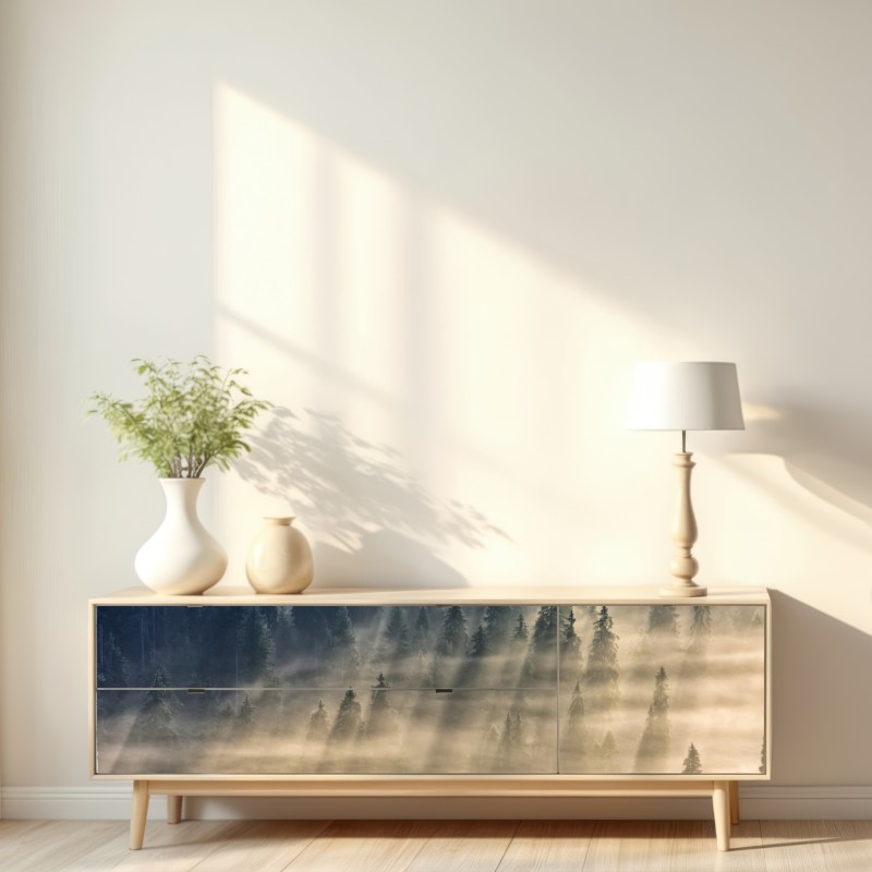 Naklejka repozycjonowalna mglisty las świerkowy w promieniach słońca – Wallissimo® Naklejka repozycjonowalna mglisty las świerkowy w promieniach słońca – Wallissimo®