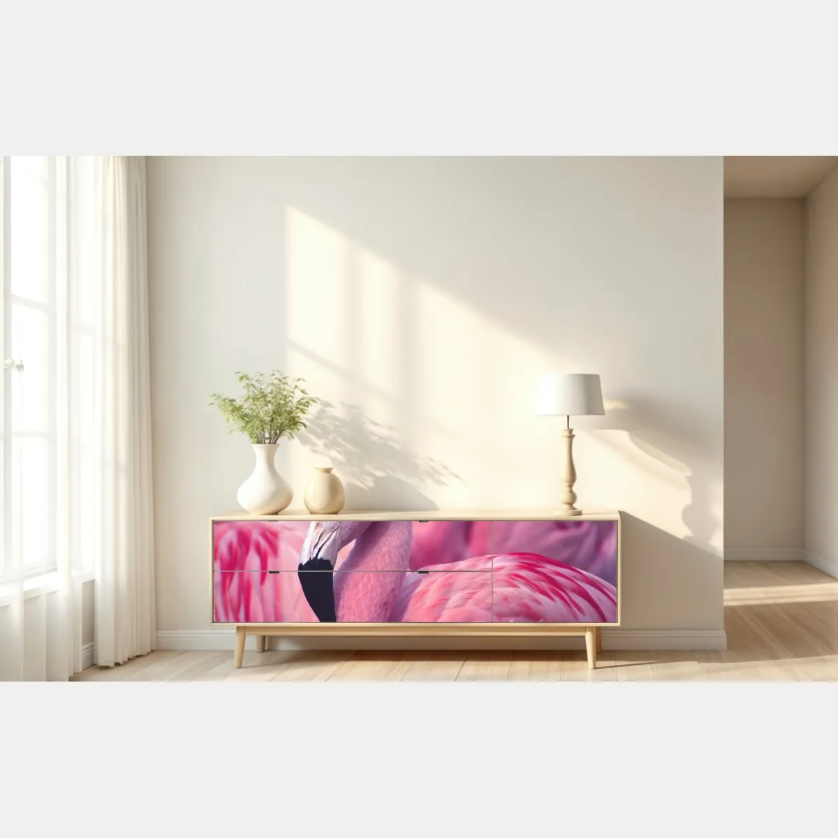 Naklejka repozycjonowalna różowy portret flaminga – Wallissimo® Naklejka repozycjonowalna różowy portret flaminga – Wallissimo®