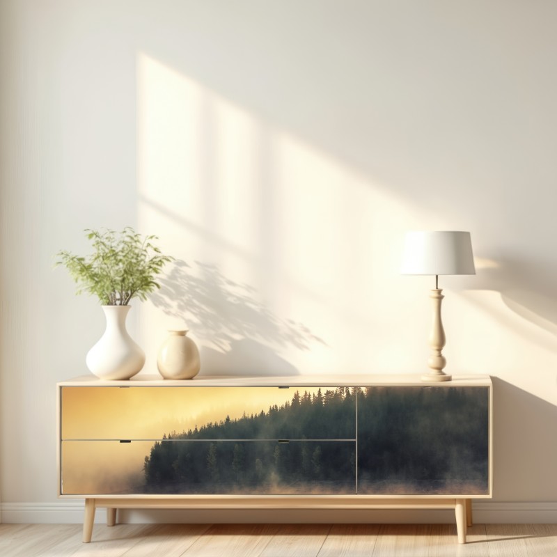 Naklejka repozycjonowalna mglisty złoty wschód nad leśnym jeziorem – Wallissimo® Naklejka repozycjonowalna mglisty złoty wschód nad leśnym jeziorem – Wallissimo®