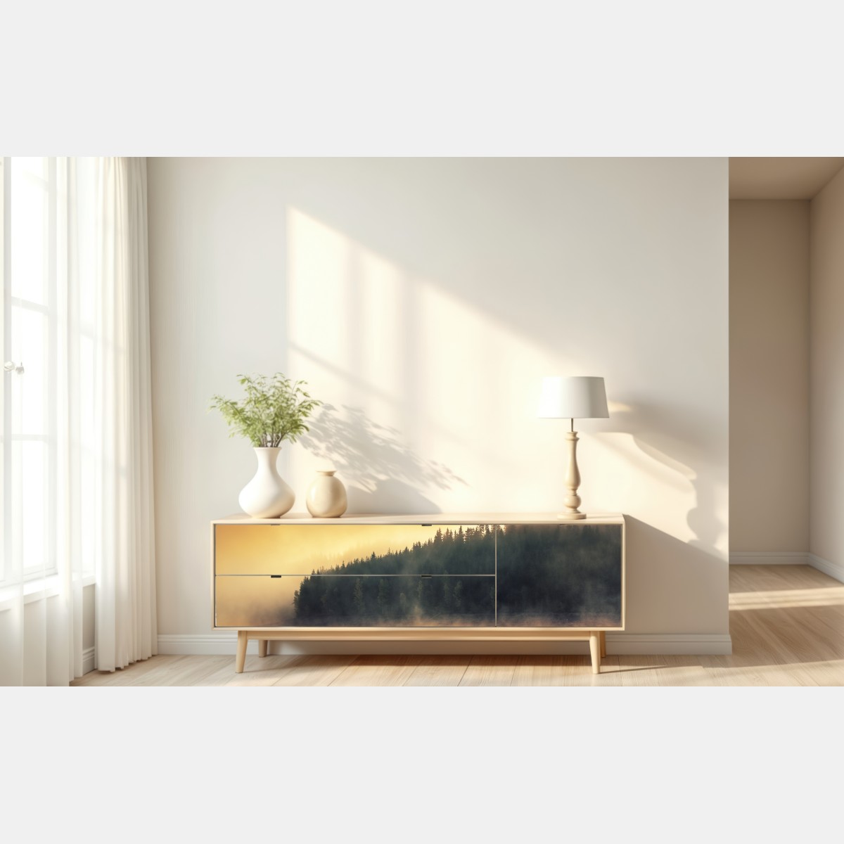 Naklejka repozycjonowalna mglisty złoty wschód nad leśnym jeziorem – Wallissimo® Naklejka repozycjonowalna mglisty złoty wschód nad leśnym jeziorem – Wallissimo®