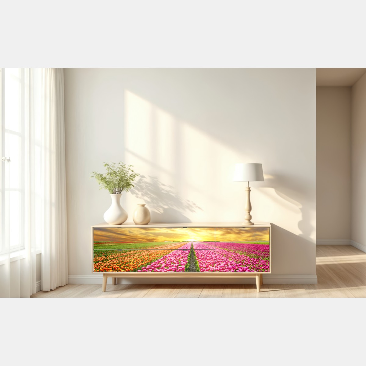 Naklejka repozycjonowalna wschód słońca nad polami tulipanów w Holandii – Wallissimo® Naklejka repozycjonowalna wschód słońca nad polami tulipanów w Holandii – Wallissimo®