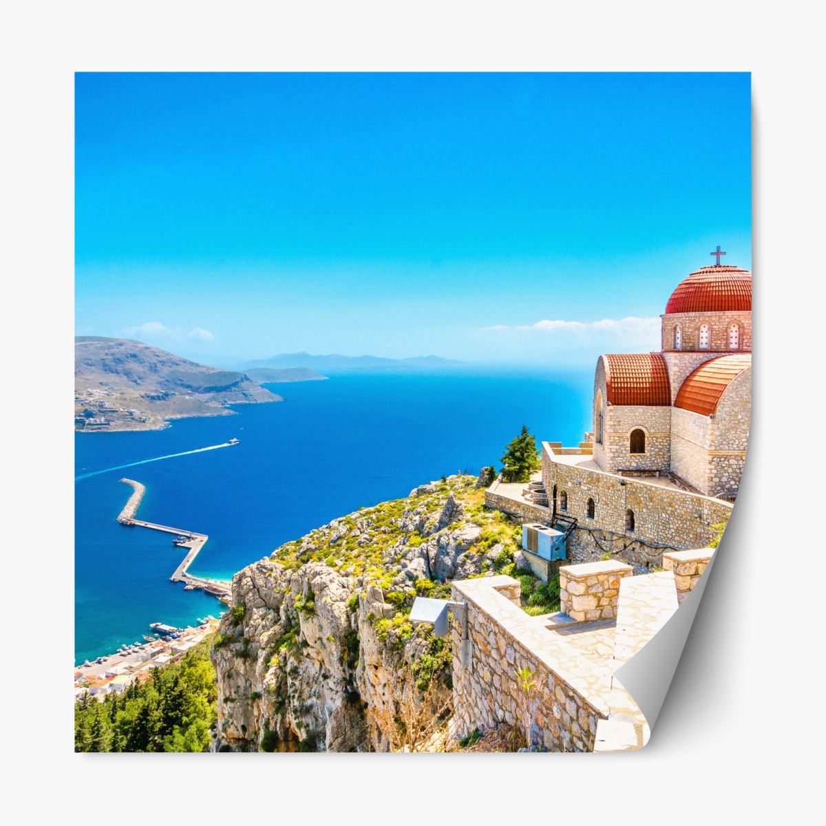 Repositionable sticker greek island church above the sea
