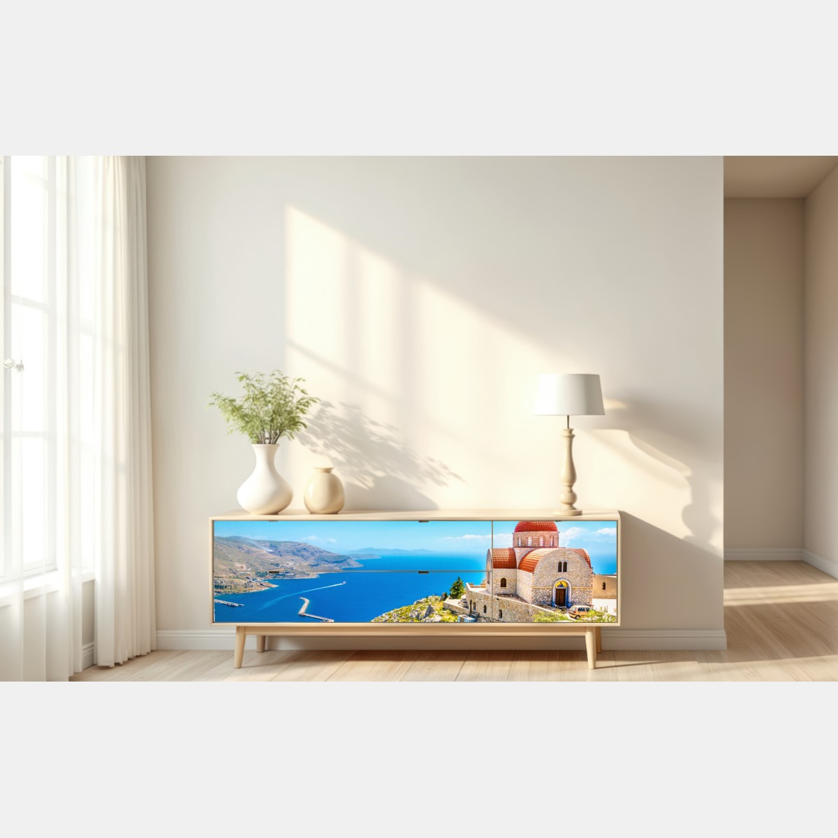 Naklejka repozycjonowalna grecki kościół na klifie nad morzem – Wallissimo® Naklejka repozycjonowalna grecki kościół na klifie nad morzem – Wallissimo®