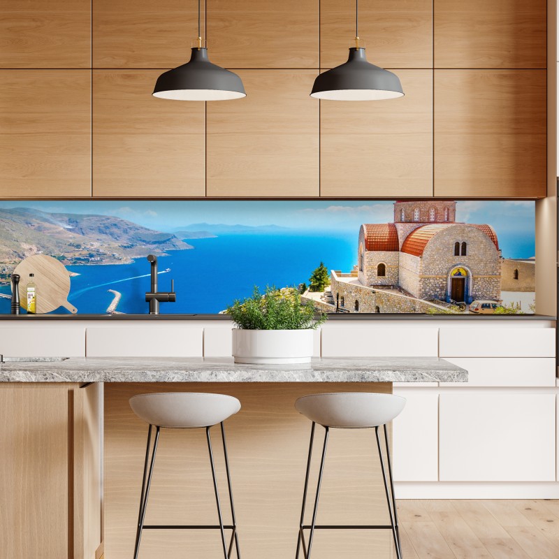 Naklejka repozycjonowalna grecki kościół na klifie nad morzem – Wallissimo® Naklejka repozycjonowalna grecki kościół na klifie nad morzem – Wallissimo®