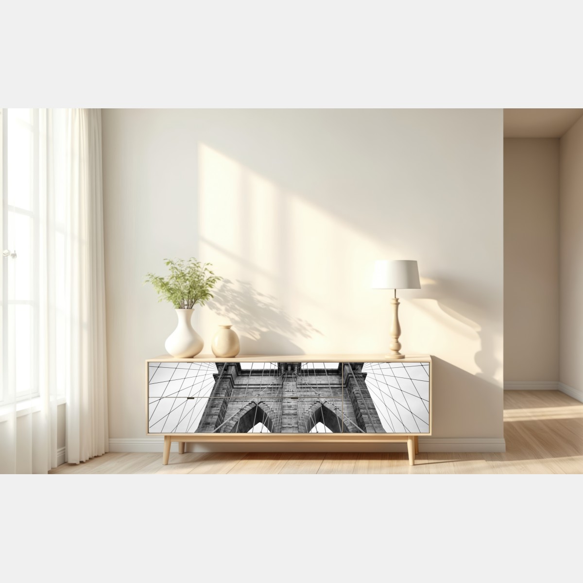 Naklejka repozycjonowalna monochromatyczny most wiszący w perspektywie – Wallissimo® Naklejka repozycjonowalna monochromatyczny most wiszący w perspektywie – Wallissimo®