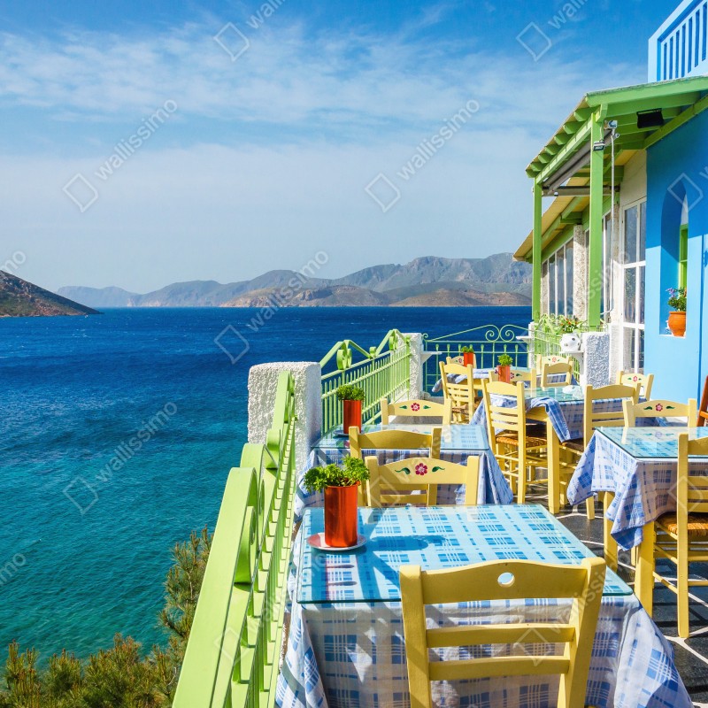 Naklejka repozycjonowalna słoneczny taras nad Morzem Śródziemnym – Wallissimo® Naklejka repozycjonowalna słoneczny taras nad Morzem Śródziemnym – Wallissimo®