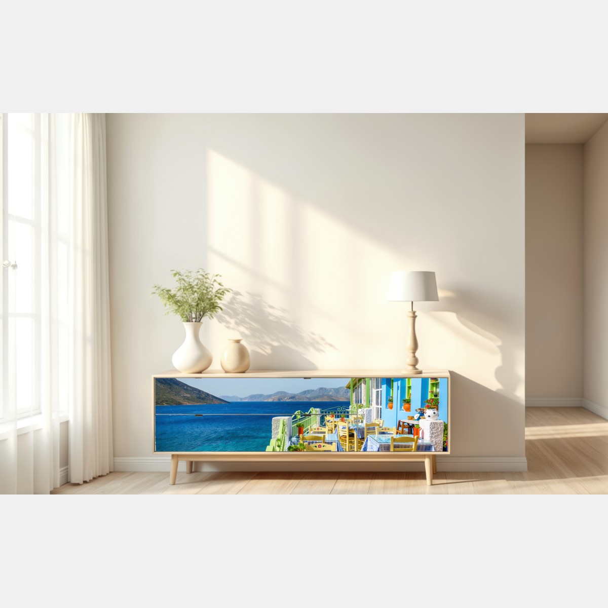 Naklejka repozycjonowalna słoneczny taras nad Morzem Śródziemnym – Wallissimo® Naklejka repozycjonowalna słoneczny taras nad Morzem Śródziemnym – Wallissimo®