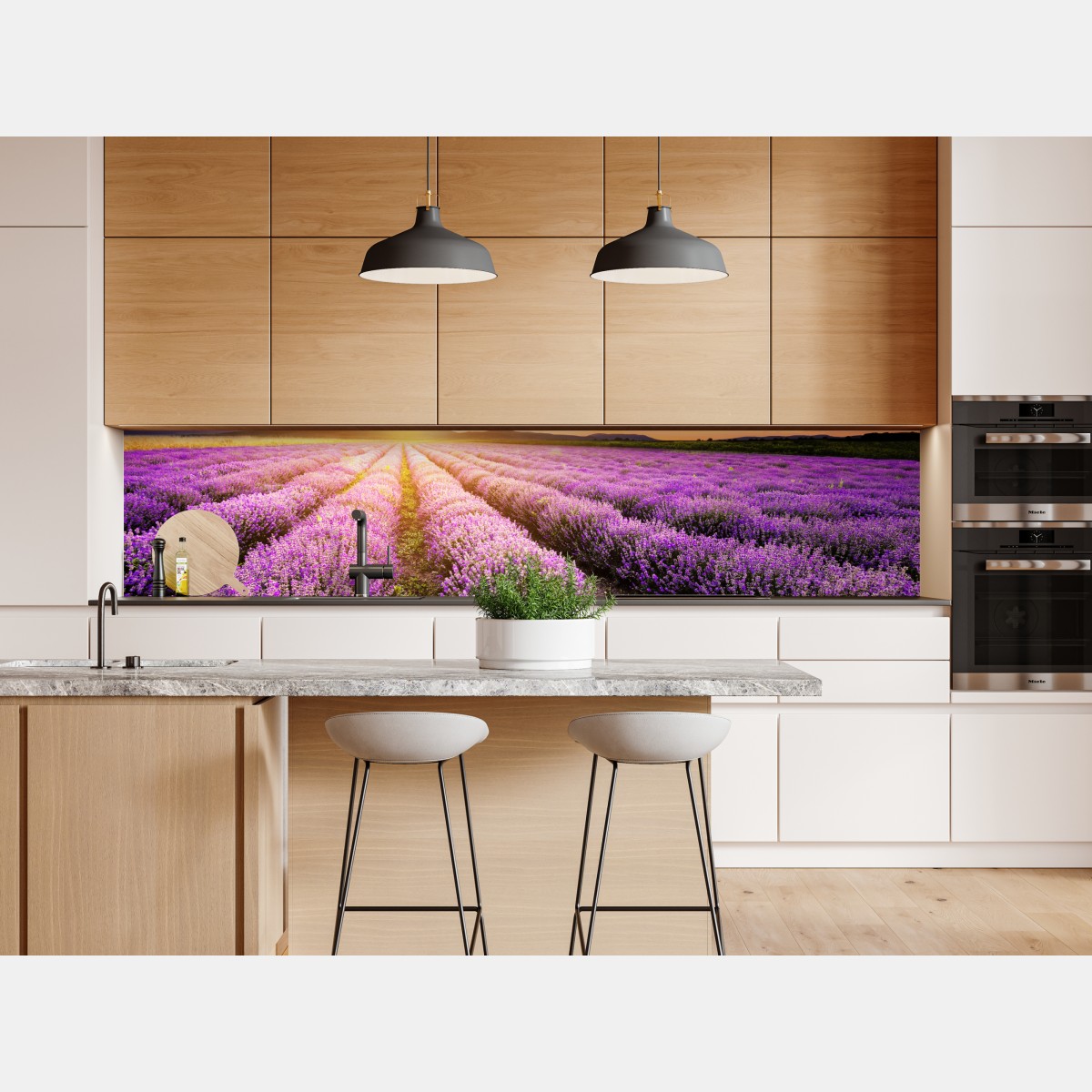 Naklejka repozycjonowalna wschód słońca nad polami lawendy – Wallissimo® Naklejka repozycjonowalna wschód słońca nad polami lawendy – Wallissimo®