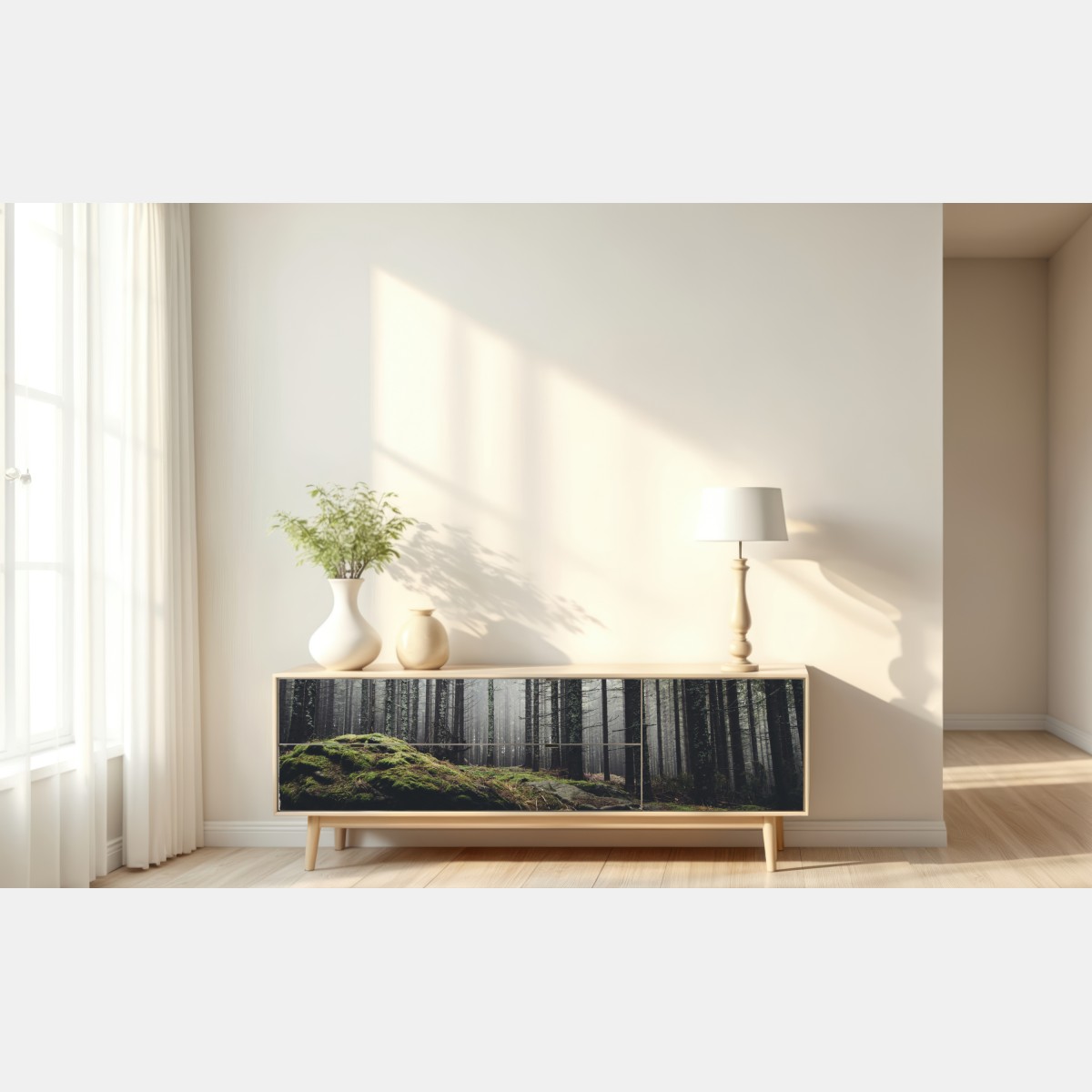 Naklejka repozycjonowalna mglisty las porośnięty mchem – Wallissimo® Naklejka repozycjonowalna mglisty las porośnięty mchem – Wallissimo®