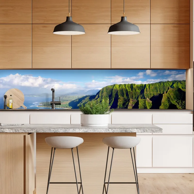 Naklejka repozycjonowalna turkusowe góry o złotych akcentach – Wallissimo®