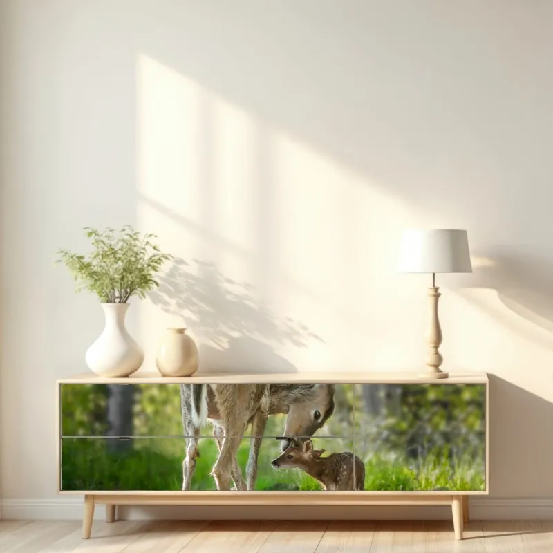 Naklejka repozycjonowalna jeleń z cielakiem w zielonym lesie – Wallissimo® Naklejka repozycjonowalna jeleń z cielakiem w zielonym lesie – Wallissimo®