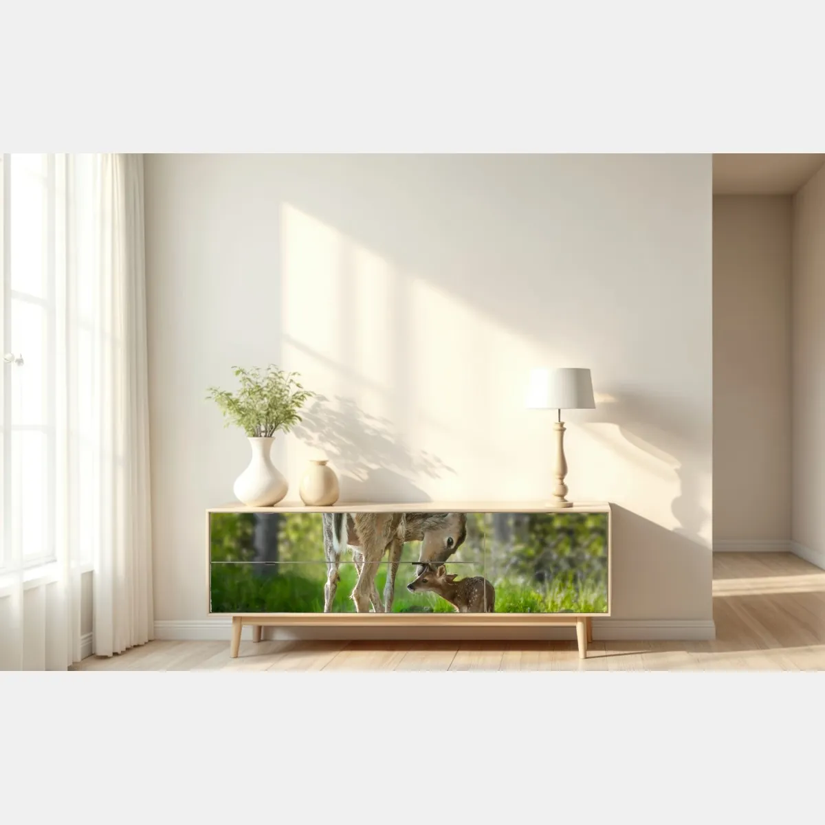 Naklejka repozycjonowalna jeleń z cielakiem w zielonym lesie – Wallissimo® Naklejka repozycjonowalna jeleń z cielakiem w zielonym lesie – Wallissimo®