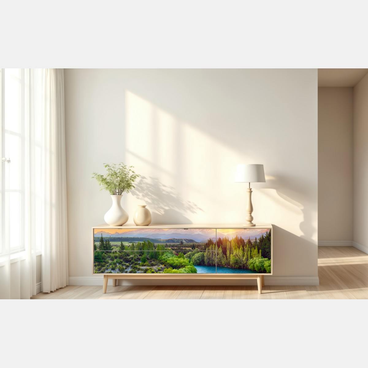 Naklejka repozycjonowalna zachód słońca nad rzeką Clutha i Alpami Południowymi – Wallissimo® Naklejka repozycjonowalna zachód słońca nad rzeką Clutha i Alpami Południowymi – Wallissimo®