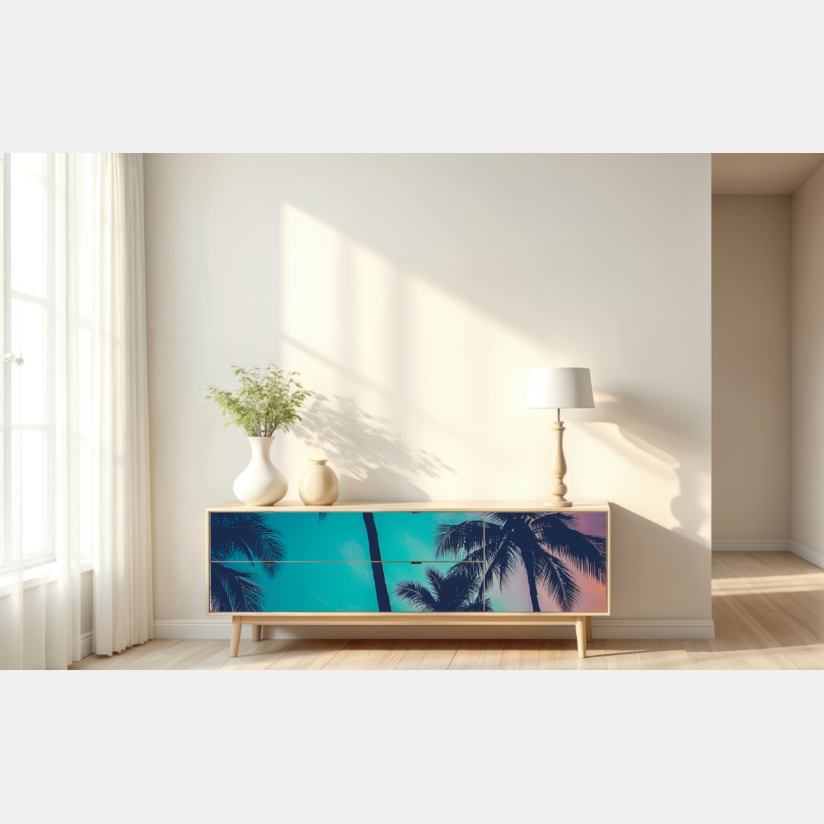 Naklejka repozycjonowalna vintage palmy na Hawajach o zachodzie słońca – Wallissimo® Naklejka repozycjonowalna vintage palmy na Hawajach o zachodzie słońca – Wallissimo®
