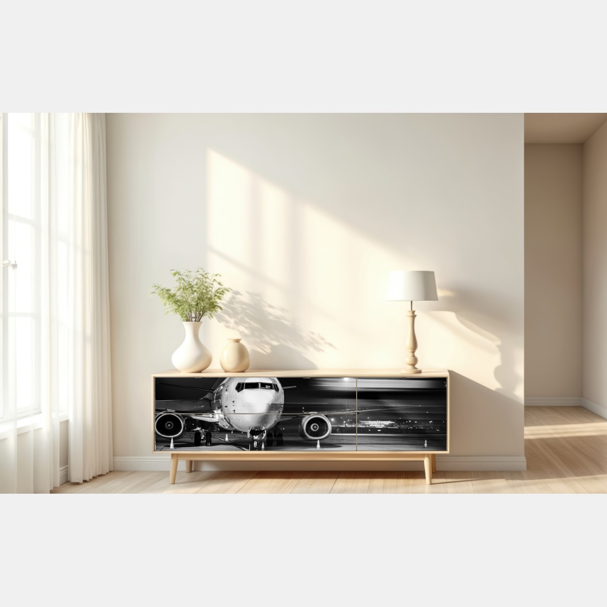 Naklejka repozycjonowalna monochromatyczny odrzutowiec na płycie lotniska nocą – Wallissimo® Naklejka repozycjonowalna monochromatyczny odrzutowiec na płycie lotniska nocą – Wallissimo®