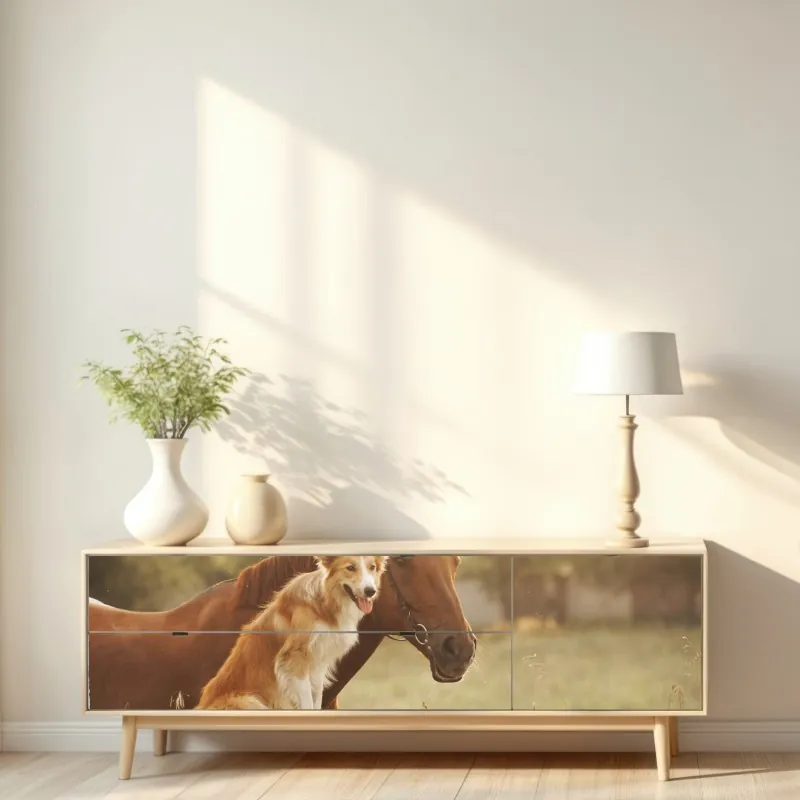 Naklejka repozycjonowalna słoneczni towarzysze: pies i koń – Wallissimo® Naklejka repozycjonowalna słoneczni towarzysze: pies i koń – Wallissimo®