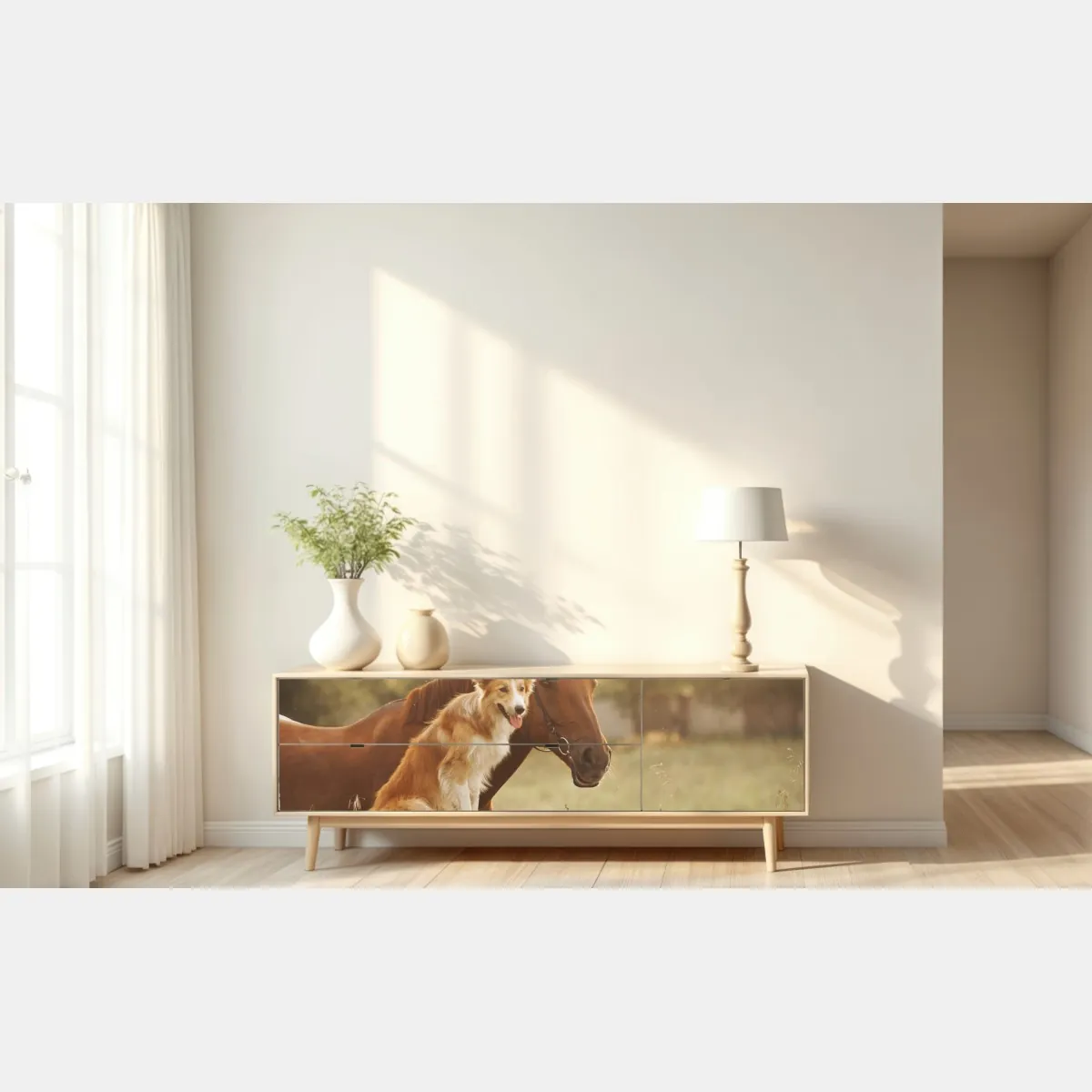 Naklejka repozycjonowalna słoneczni towarzysze: pies i koń – Wallissimo® Naklejka repozycjonowalna słoneczni towarzysze: pies i koń – Wallissimo®