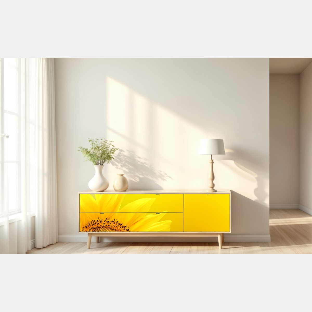 Naklejka repozycjonowalna żywy słonecznik z bliska na żółtym tle – Wallissimo® Naklejka repozycjonowalna żywy słonecznik z bliska na żółtym tle – Wallissimo®
