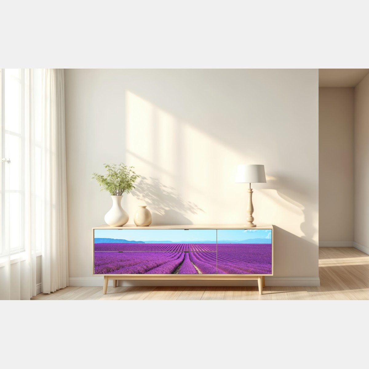 Naklejka repozycjonowalna pola lawendy pod błękitnym niebem – Wallissimo® Naklejka repozycjonowalna pola lawendy pod błękitnym niebem – Wallissimo®