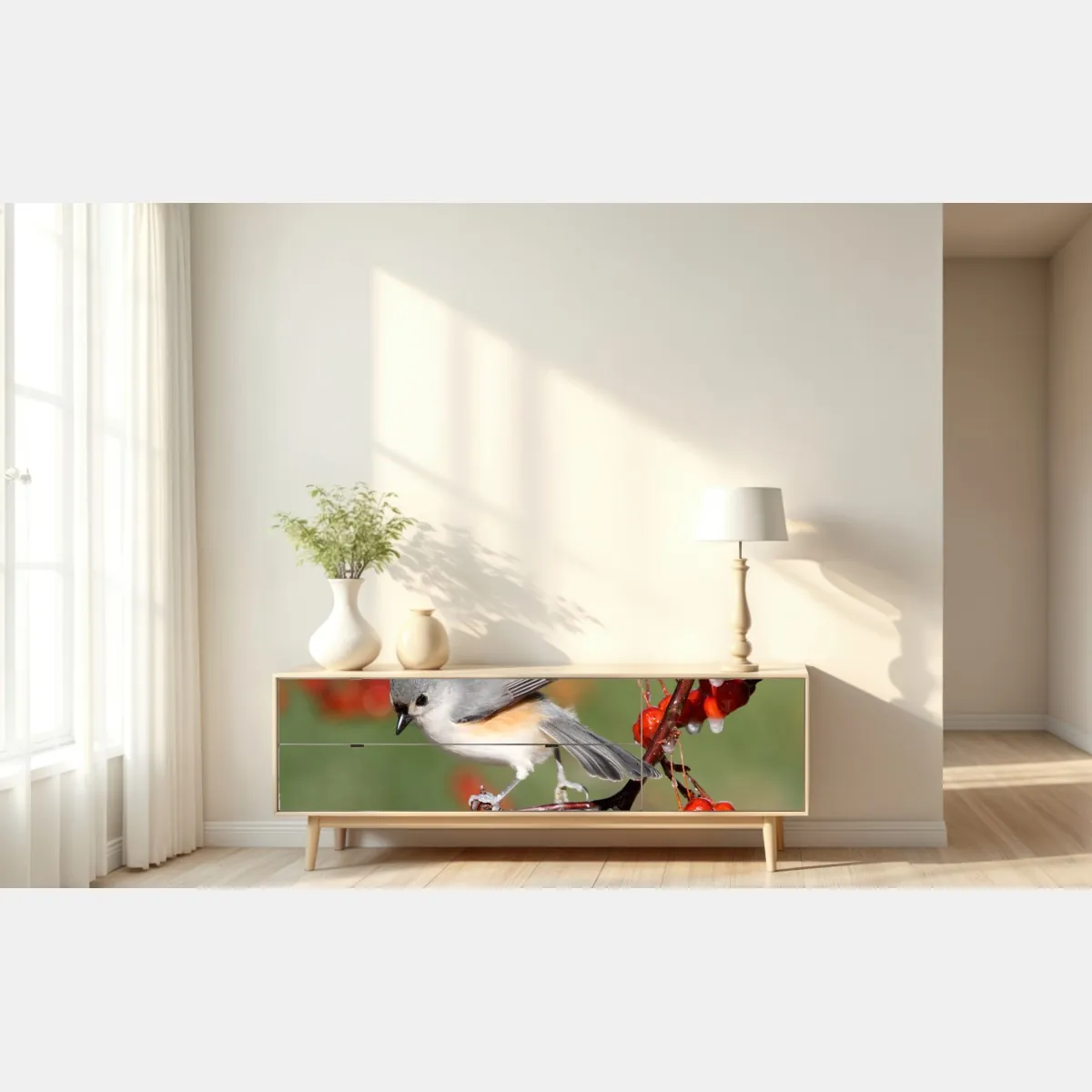 Naklejka repozycjonowalna szary ptak na czerwonych jagodach – Wallissimo® Naklejka repozycjonowalna szary ptak na czerwonych jagodach – Wallissimo®