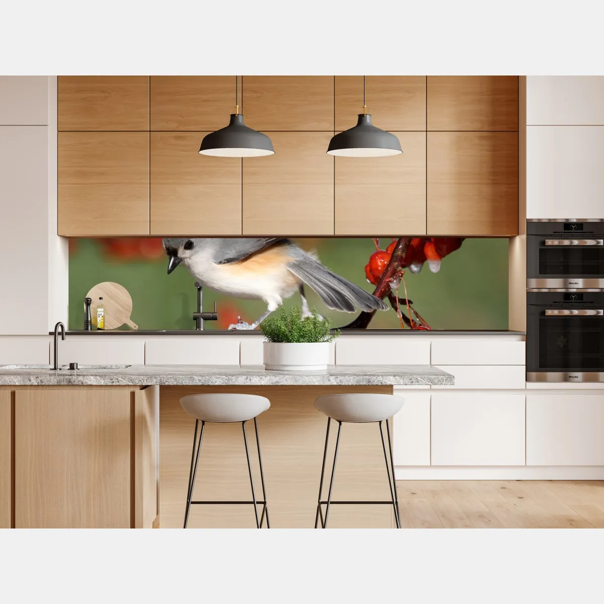 Naklejka repozycjonowalna szary ptak na czerwonych jagodach – Wallissimo® Naklejka repozycjonowalna szary ptak na czerwonych jagodach – Wallissimo®