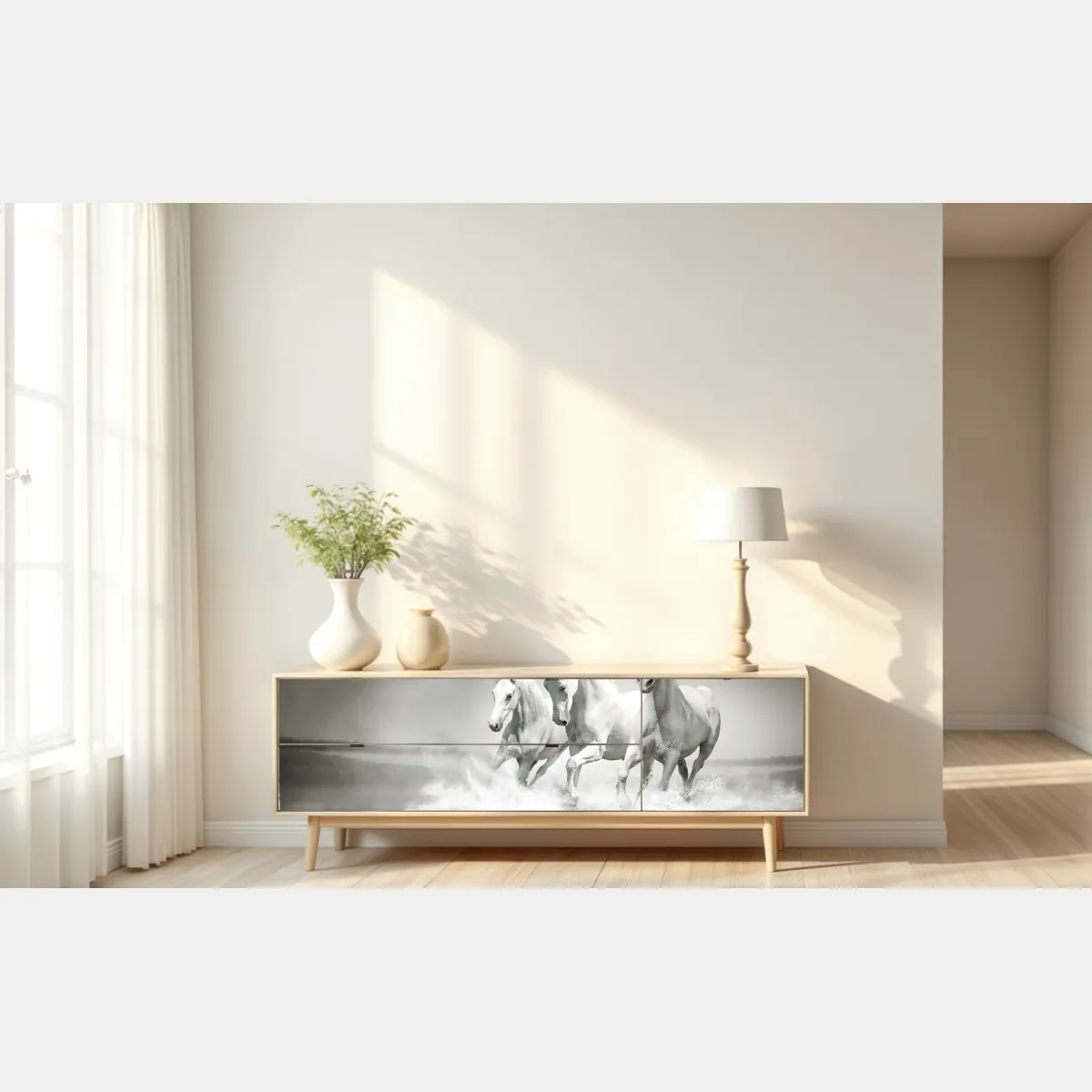 Naklejka repozycjonowalna trzy białe konie galopujące przez wodę – Wallissimo® Naklejka repozycjonowalna trzy białe konie galopujące przez wodę – Wallissimo®