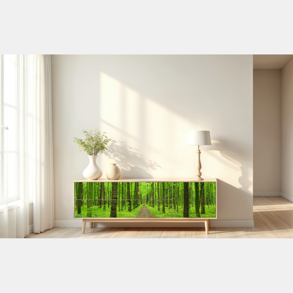 Naklejka repozycjonowalna spokojna zielona ścieżka w lesie – Wallissimo® Naklejka repozycjonowalna spokojna zielona ścieżka w lesie – Wallissimo®