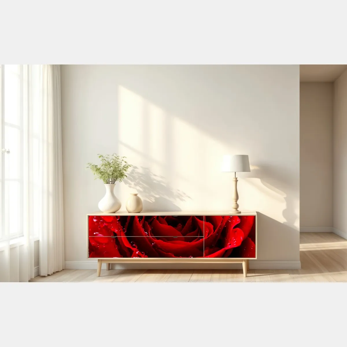 Naklejka repozycjonowalna żywa czerwona róża - zbliżenie – Wallissimo® Naklejka repozycjonowalna żywa czerwona róża - zbliżenie – Wallissimo®