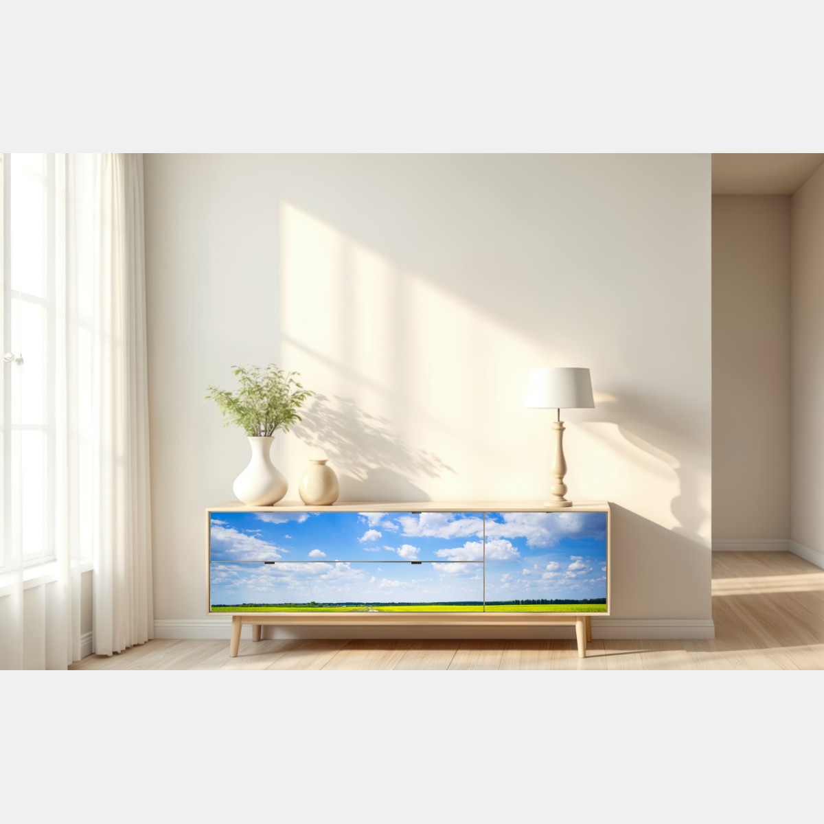 Naklejka repozycjonowalna żółte pole rzepaku pod błękitnym niebem – Wallissimo® Naklejka repozycjonowalna żółte pole rzepaku pod błękitnym niebem – Wallissimo®