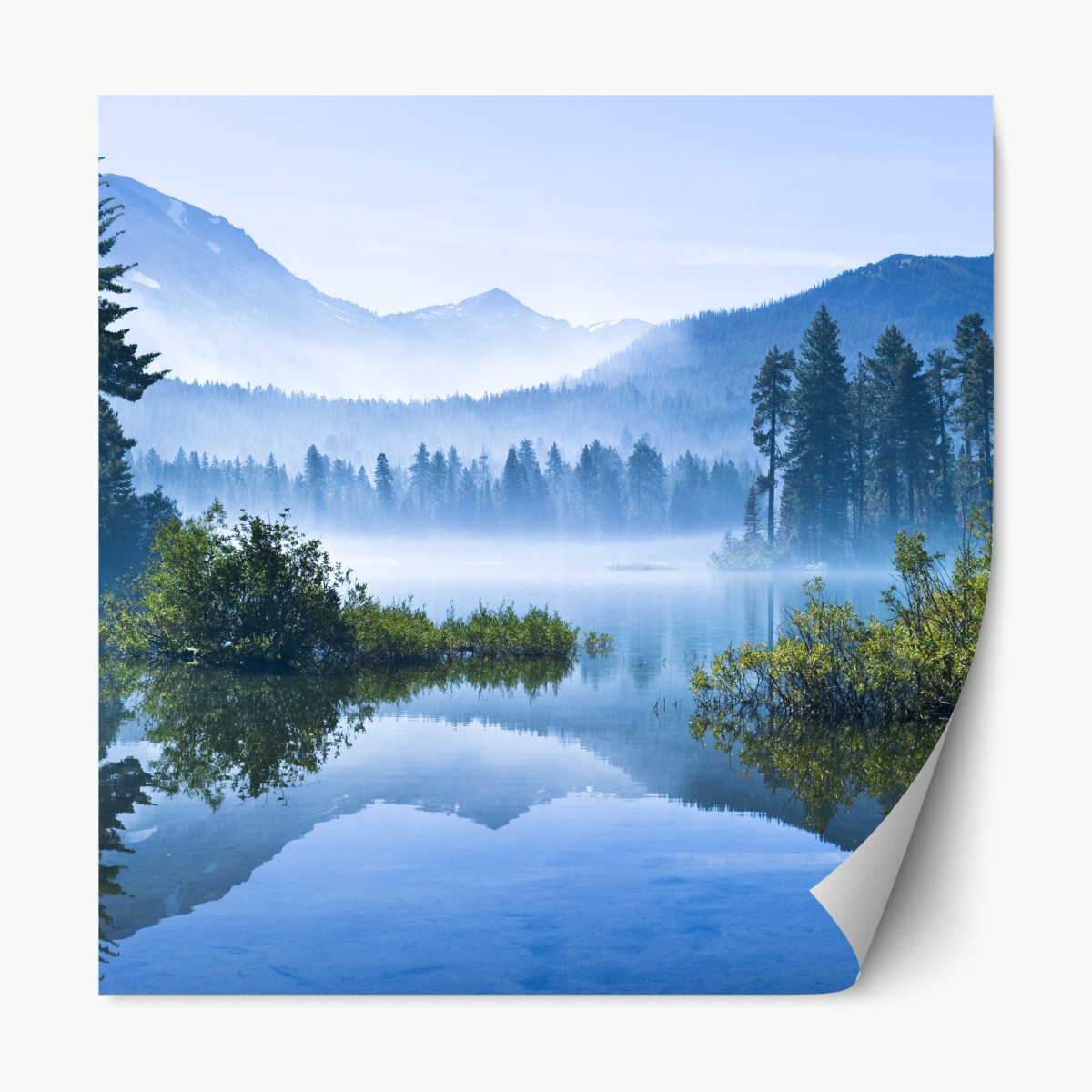 Repositionable sticker misty mountain lake reflection