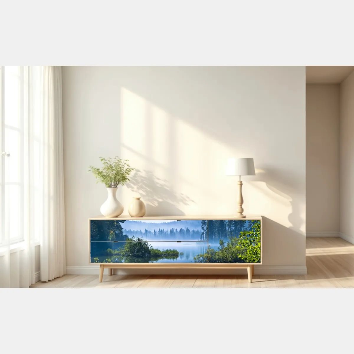 Naklejka repozycjonowalna mglista górska tafla jeziora z odbiciem – Wallissimo® Naklejka repozycjonowalna mglista górska tafla jeziora z odbiciem – Wallissimo®