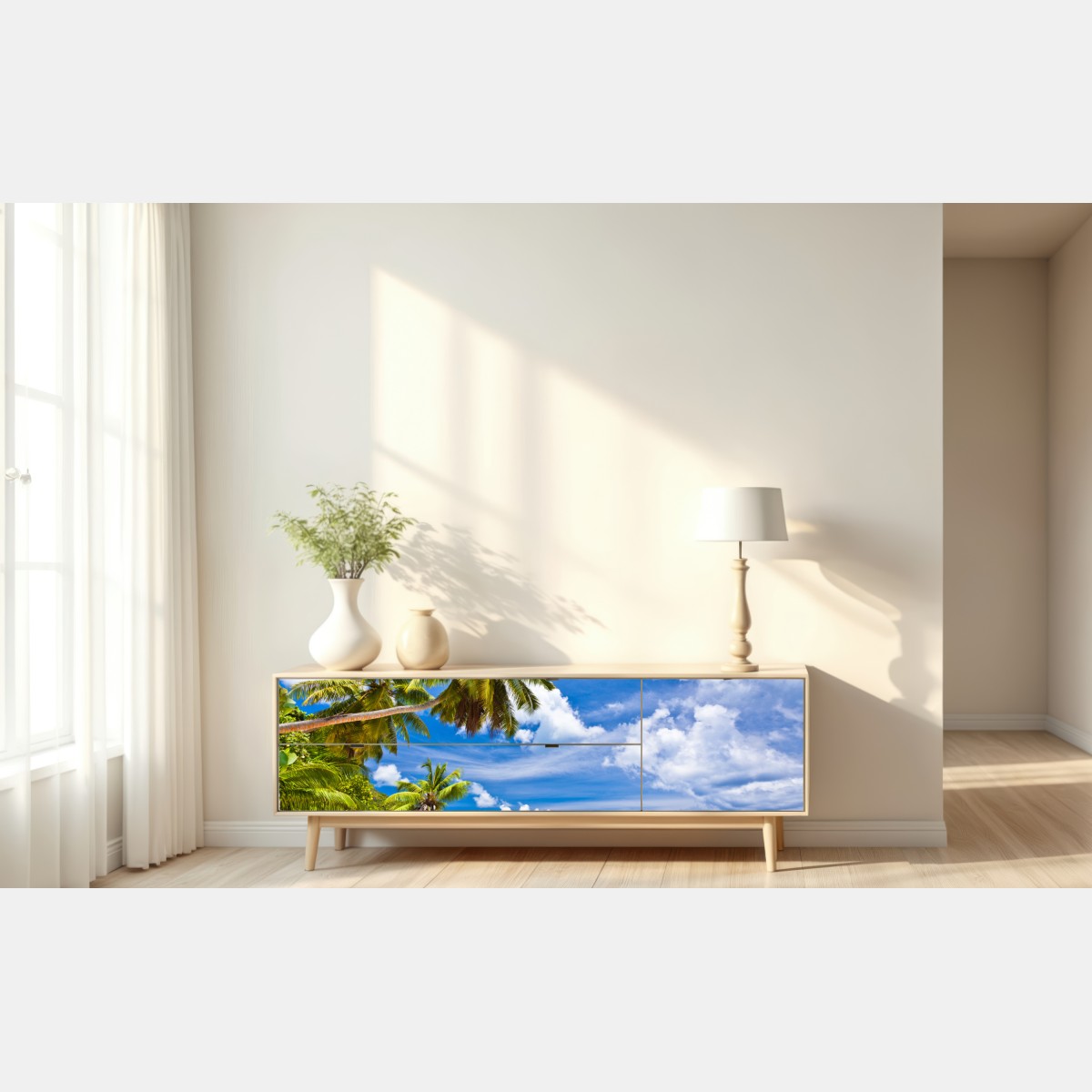 Naklejka repozycjonowalna tropikalna plaża z palmami – Wallissimo® Naklejka repozycjonowalna tropikalna plaża z palmami – Wallissimo®