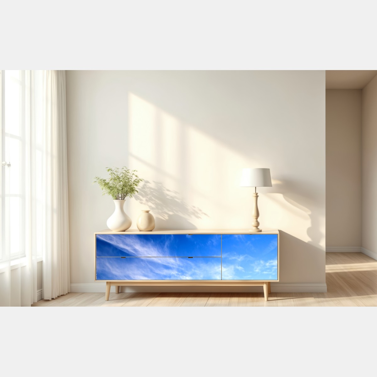 Naklejka repozycjonowalna słoneczna zielona łąka pod niebieskim niebem – Wallissimo® Naklejka repozycjonowalna słoneczna zielona łąka pod niebieskim niebem – Wallissimo®