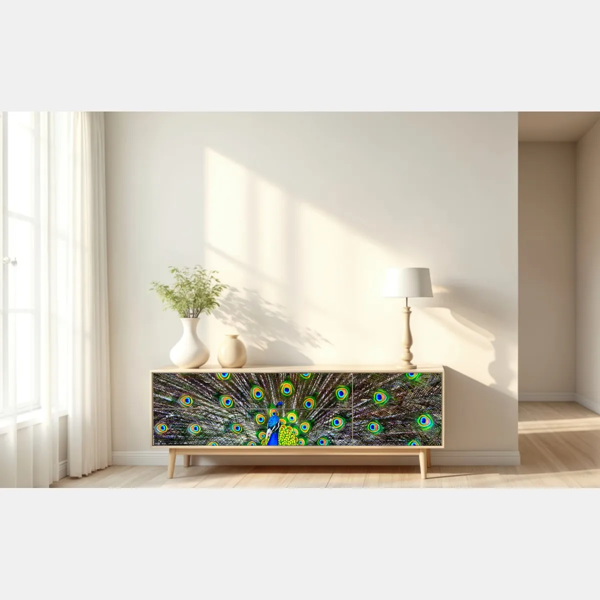 Naklejka repozycjonowalna żywy wachlarz pawich piór – Wallissimo® Naklejka repozycjonowalna żywy wachlarz pawich piór – Wallissimo®