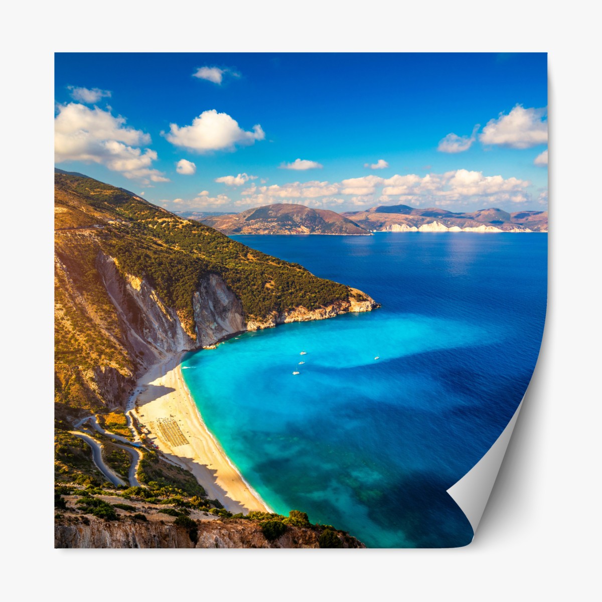 Repositionable sticker sunlit Myrtos beach overlook, Kefalonia