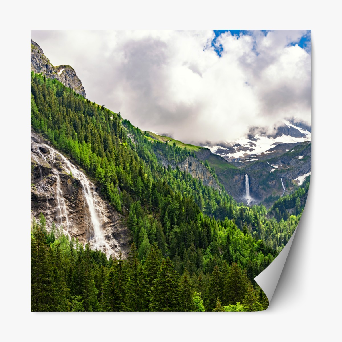 Repositionable sticker misty alpine waterfalls over lush pine valley