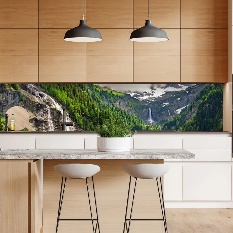 Naklejka repozycjonowalna mglisty alpejski wodospad nad zieloną doliną – Wallissimo® Naklejka repozycjonowalna mglisty alpejski wodospad nad zieloną doliną – Wallissimo®