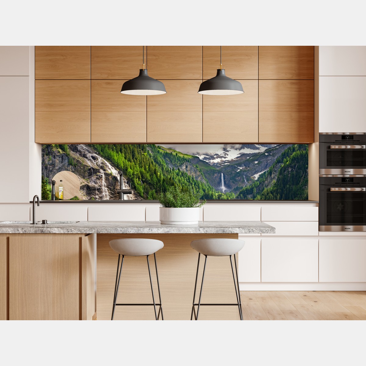 Naklejka repozycjonowalna mglisty alpejski wodospad nad zieloną doliną – Wallissimo® Naklejka repozycjonowalna mglisty alpejski wodospad nad zieloną doliną – Wallissimo®