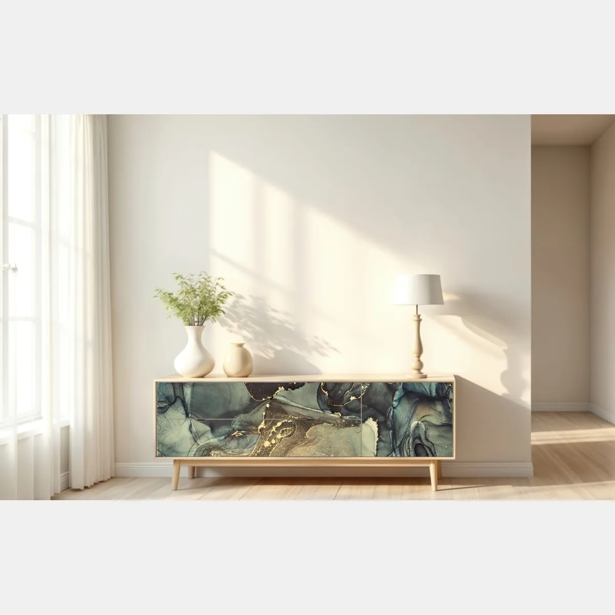 Naklejka repozycjonowalna turkusowo-złota abstrakcja płynna – Wallissimo® Naklejka repozycjonowalna turkusowo-złota abstrakcja płynna – Wallissimo®