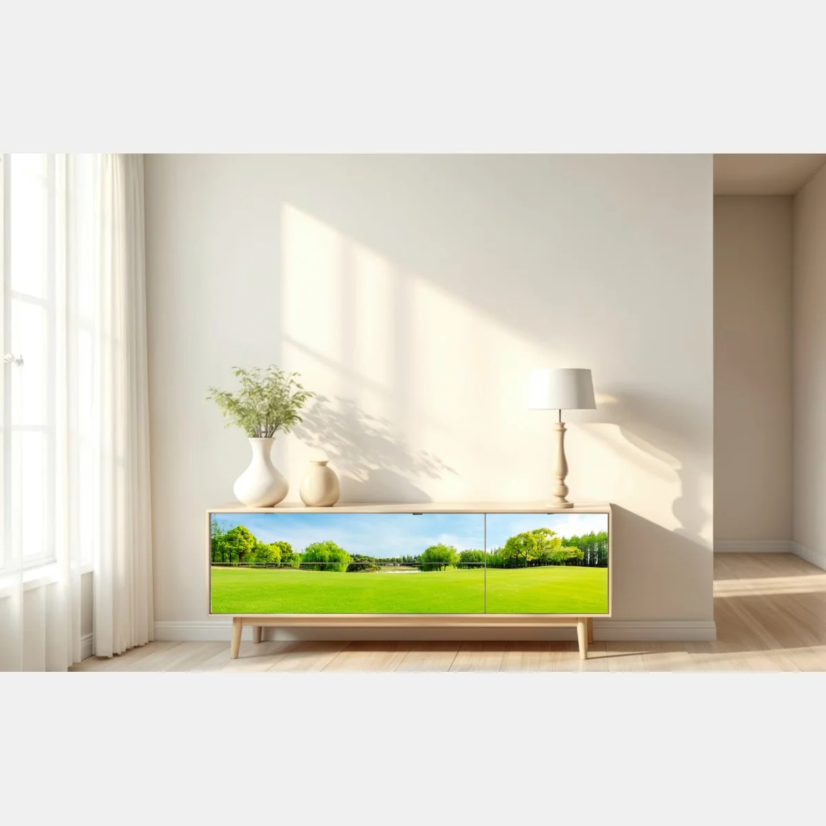 Naklejka repozycjonowalna spokojna zielona łąka pod błękitnym niebem – Wallissimo® Naklejka repozycjonowalna spokojna zielona łąka pod błękitnym niebem – Wallissimo®