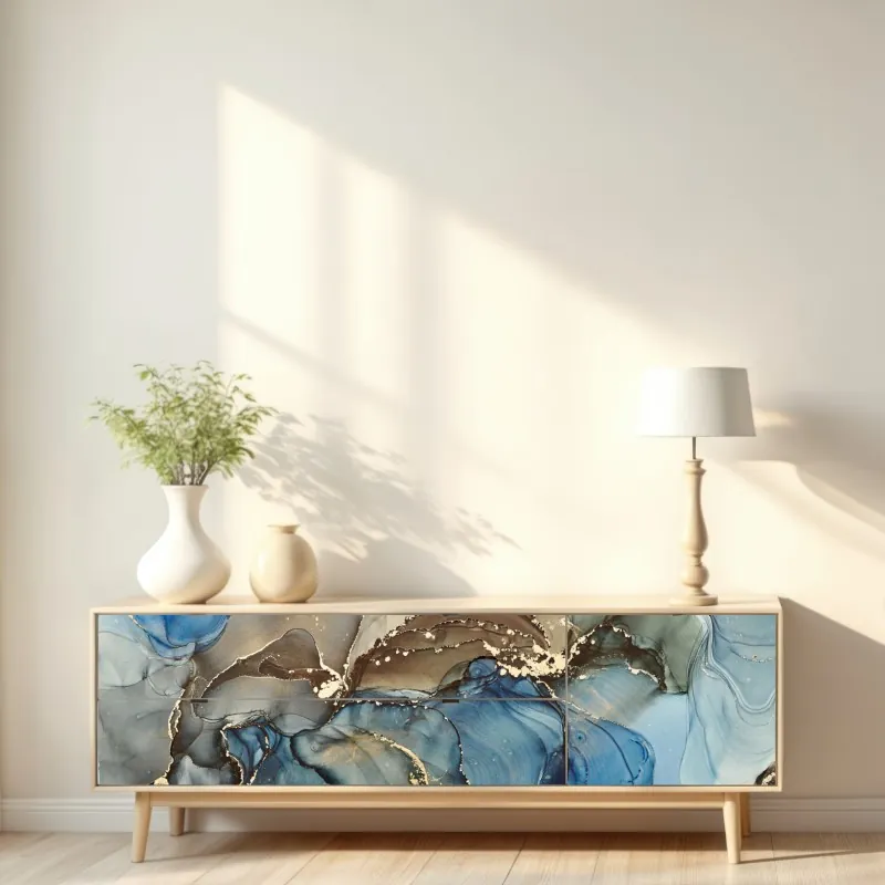 Naklejka repozycjonowalna abstrakcja w odcieniach niebieskiego i złota – Wallissimo® Naklejka repozycjonowalna abstrakcja w odcieniach niebieskiego i złota – Wallissimo®