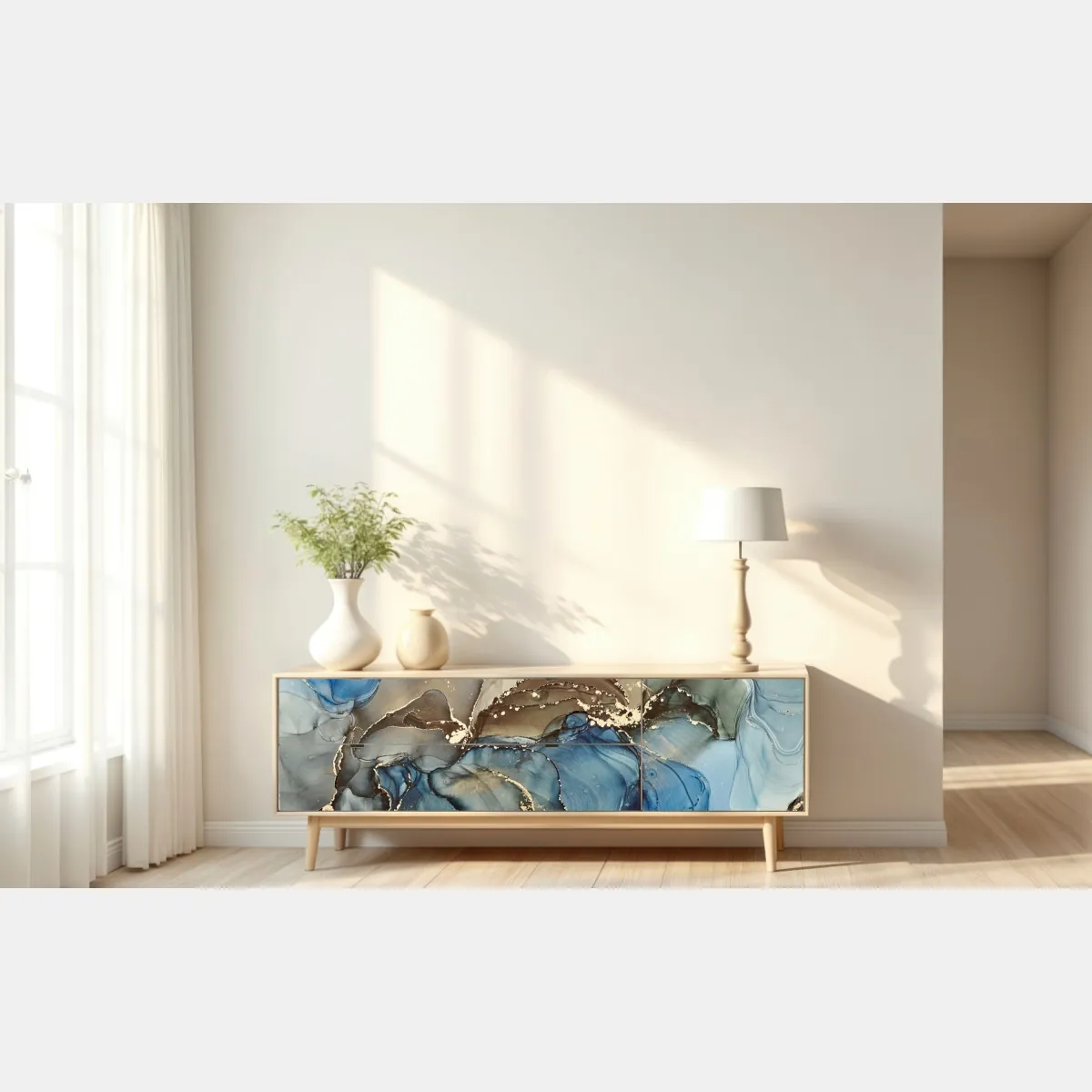 Naklejka repozycjonowalna abstrakcja w odcieniach niebieskiego i złota – Wallissimo® Naklejka repozycjonowalna abstrakcja w odcieniach niebieskiego i złota – Wallissimo®