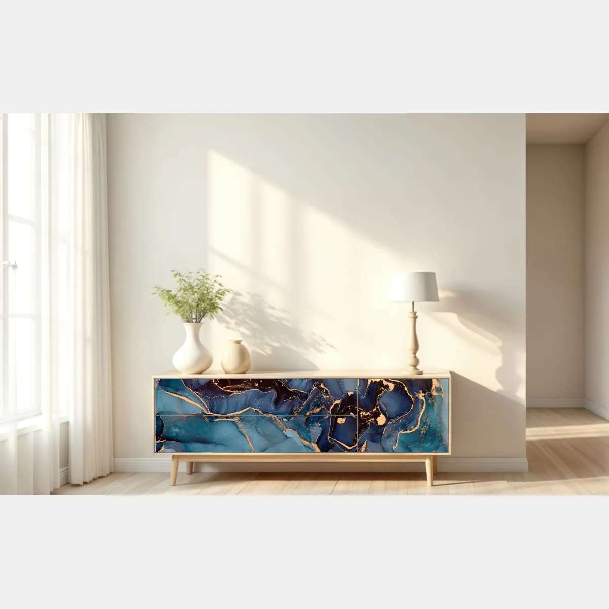 Naklejka repozycjonowalna głębokie oceaniczne błękity ze złotymi żyłami – Wallissimo® Naklejka repozycjonowalna głębokie oceaniczne błękity ze złotymi żyłami – Wallissimo®