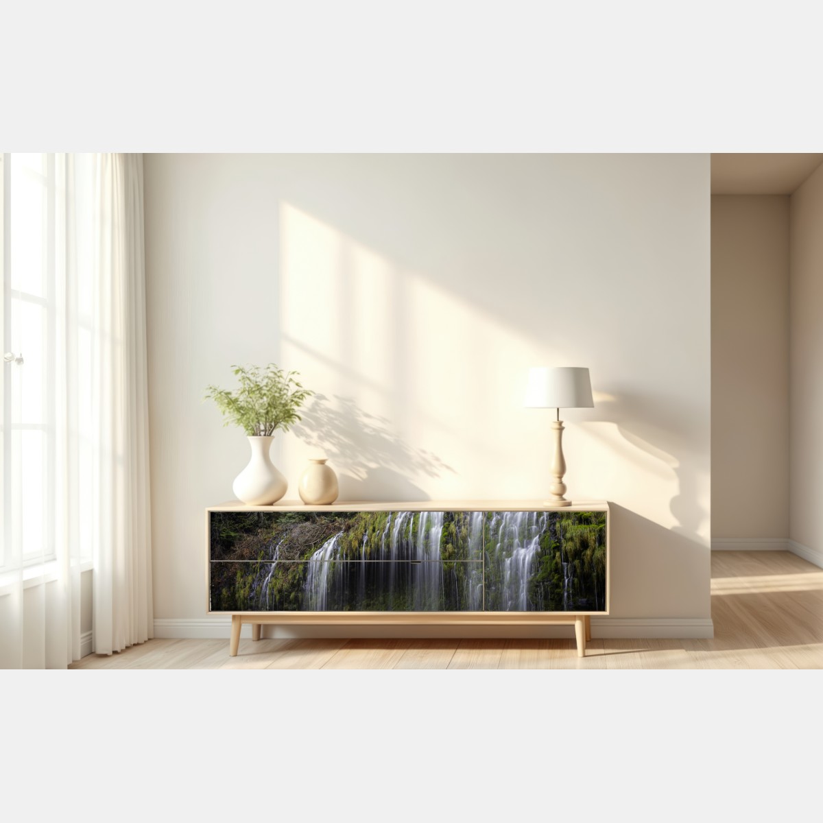 Naklejka repozycjonowalna wodospad porośnięty mchem w lesie – Wallissimo® Naklejka repozycjonowalna wodospad porośnięty mchem w lesie – Wallissimo®